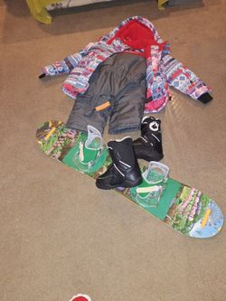 100cm burton Snowboard boots 29.5 dki jacket and bibs size 6