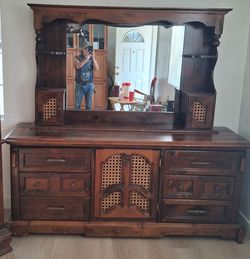 Wood Dresser with Mirror and Cane Panels