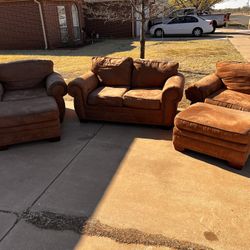 Brown Microsuede Love Seat, 2 Chairs, 2 Ottomans