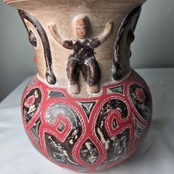 Marajoara Style Anthropomorphic Ceramic Vase Brazilian Amazon Folk Art Hand Painted