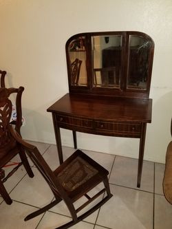 antique 1800s girls vanity with rocking chair