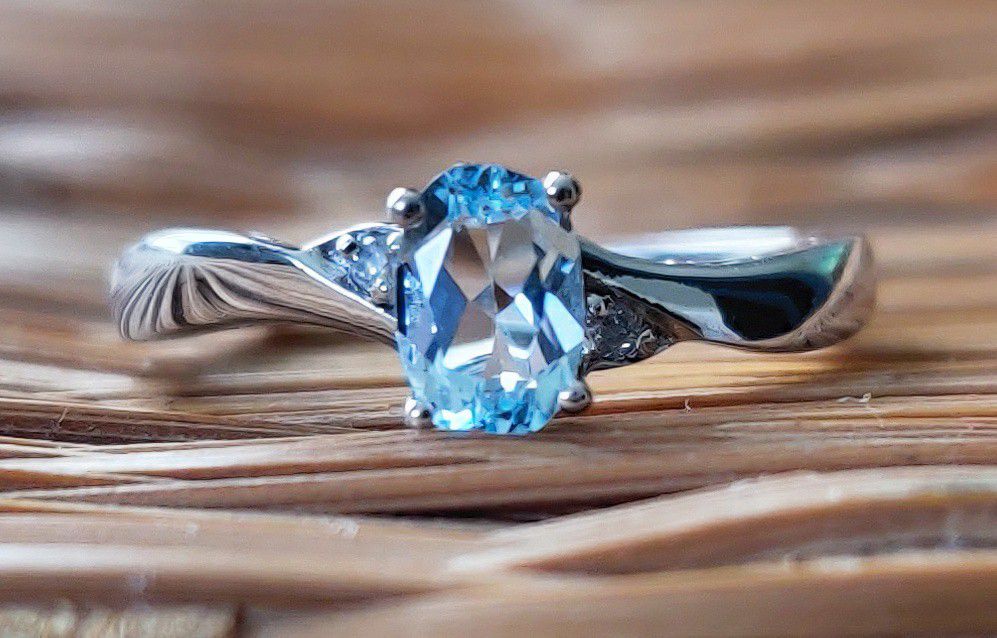 Blue Topaz/Diamond Sterling Silver Ring Size 5