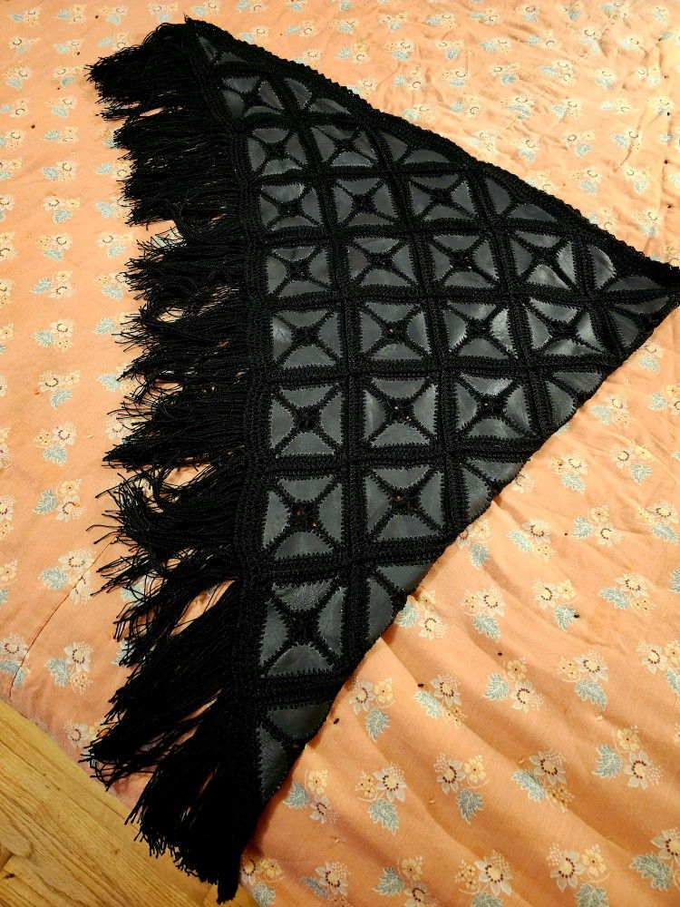 Crochet Black Leather Throw Shawl Wrap Patchwork Boho