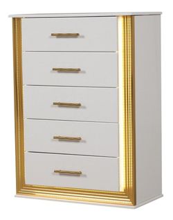 NEW🤍💛White/Gold 5-Drawer Wood Veneer Chest with LED Lighting