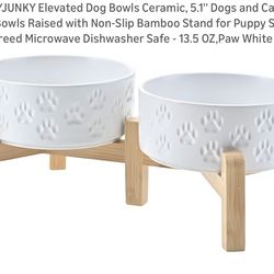 SPUNKYJUNKY Elevated Dog Bowls Ceramic, 5.1'' Dogs and Cat Food Water Bowls Raised with Non-Slip Bamboo Stand for Puppy Small Sized Breed Microwave Di