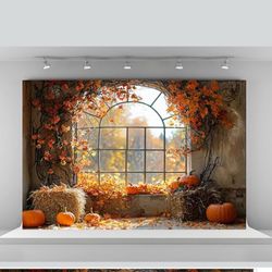 Kate 10x6.5ft Autumn Pumpkin Haystack Backdrops for Photography Fall Maple Leaves Background Brick Wall Windowsill Backgrounds Thanksgiving Day Holiyd