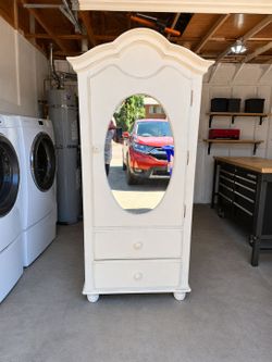 White Wood Armoire with Oval Mirror