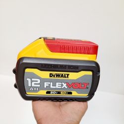 DeWalt FlexVolt lithium ion battery is model DCB612. It has 12.0Ah capacity and works with both 20V and 60V tools. This black and yellow battery comes