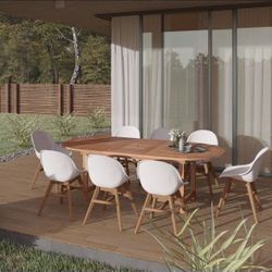 BRAND NEW Open Box 9 Piece 100% FSC Solid Wood Extendable Table With White Chairs Patio Dining Set | Ideal Furniture Set For Outdoor
