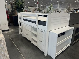 Twin Low Loft Bed With Shelf  and Small Chest drawers/ Solid Wood . 