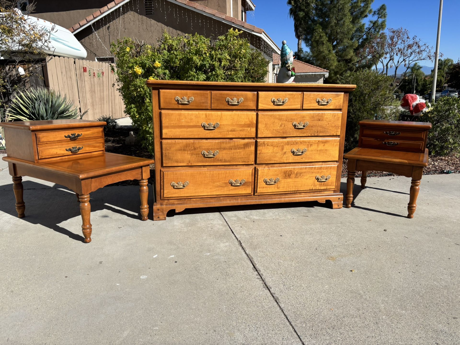 Antique Mid Century Solid Maple Wood 10 Drawer Dresser Chest of Drawers and Nightstand Furniture Set