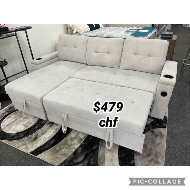 Woven Fabric Reversible Sleeper Sectional Sofa with Storage Chaise, Storage Arm, Cup Holder, Charging Ports, Side Pockets, and Pocket Coil Seating