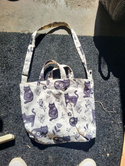 Canvas Tote Bag with Cat and Floral Print