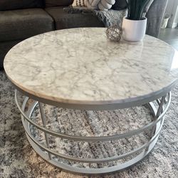 Modern Round Coffee Table - Faux Marble & Metal Frame
