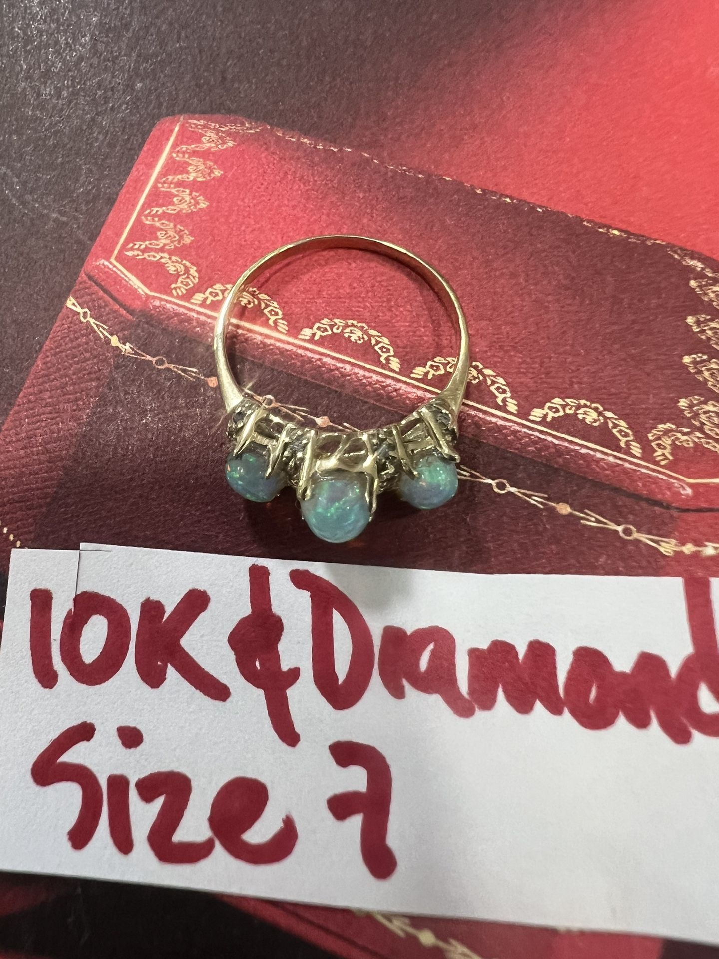 10K Solid Gold Wedding Ring INDIAN OPAL AND NATURAL DIAMONDS π Size 7