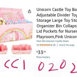 Unicorn Castle Toy Box with Adjustable Divider Toy Chest Storage Large Toy Storage Organizer Bin Collapsible with Lid Pockets for Nursery Playroom,Pin