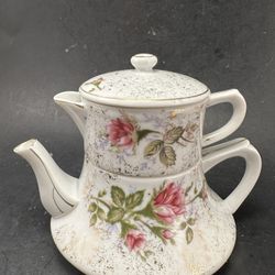 VTG Mini Stacking Tea Set With Creamer & Sugar Roses Porcelain Gold Trim 