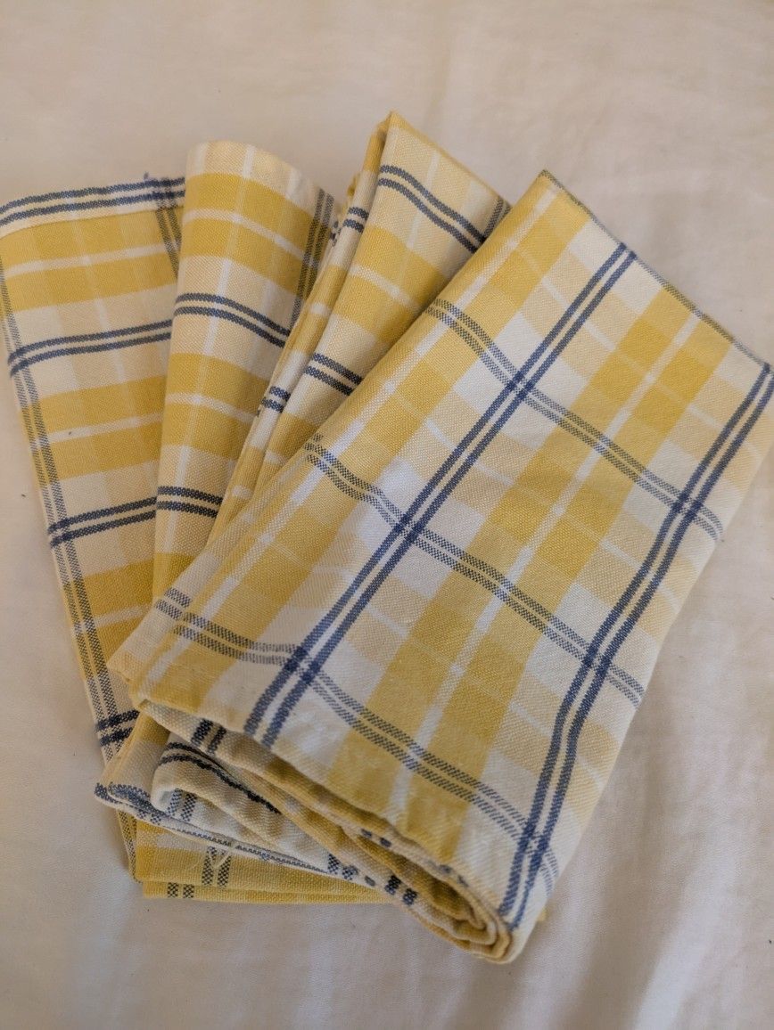 4 Yellow, Blue & White Cloth Kitchen Napkins 16"