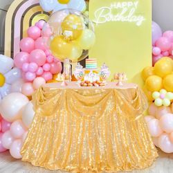 B-COOL Gold Tablecloth Party Decoration: 120 Inch Round Table Cloth Sequin Fabric Overlay for Outdoor Dining Cocktail Parties