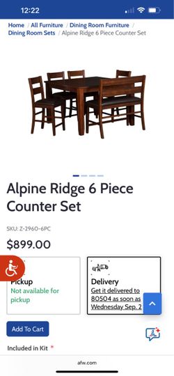 Alpine Ridge 6-Piece Counter Height Dining Set – Table, 4 Chairs & Bench $675 OBO