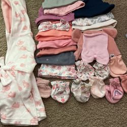 baby hats, mittens and robe