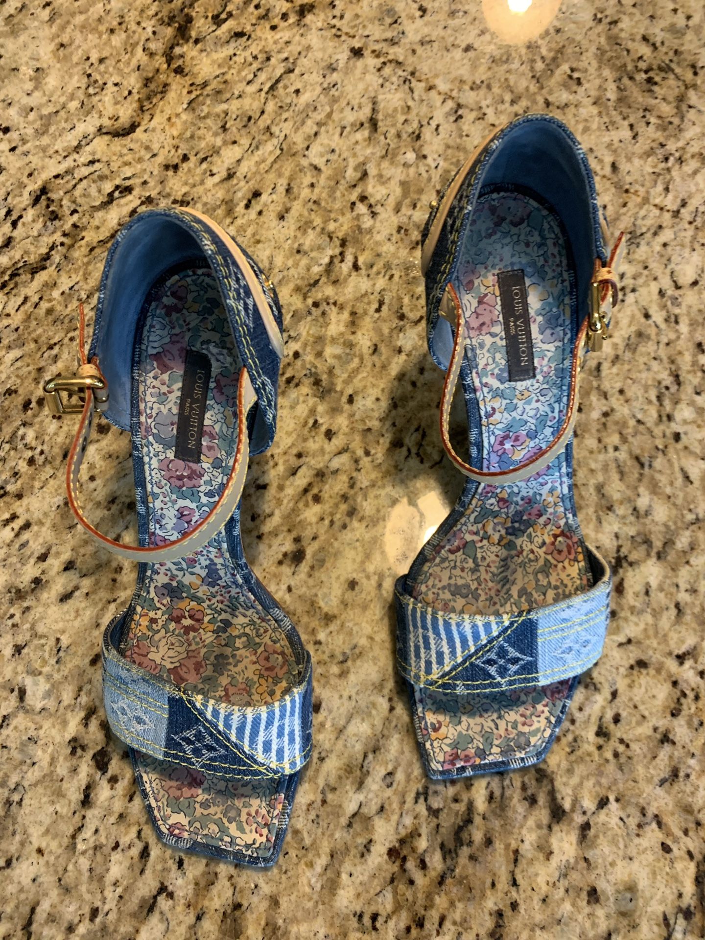 LOUIS VUITTON DENIM PATCHWORK FLORAL SANDAL HEEL size 37 – the