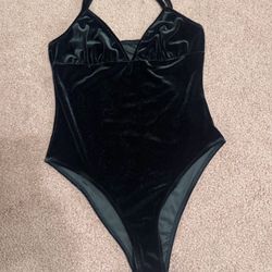 New medium black velvet bodysuit lingerie top goth gothic outfit panty 