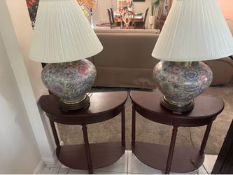 Matching Pair of Ceramic Lamps & Demilune Tables