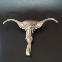 Vintage Longhorn Bull Silver Aluminum Metal Head Wall Hook
