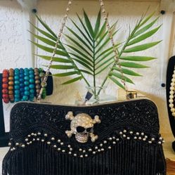 Cool New Rhinestone Skull Beaded Clutch Bag Purse Strap Fringe 