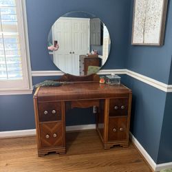 Gorgeous Solid Wood 1940’s Waterfall Vanity W/Original Round Mirror (Located in Dallas N.C.)