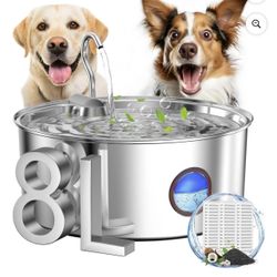 Dog Water Fountain for Large Dogs- 270oz/8L Stainless Steel Dog Water Bowl Dispenser Automatic Pet Water Fountain with Ultra-Quiet Pump/Quadruple Filt