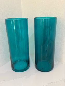 Home Decor  Set of 2 Teal Cylindrical Vases. 14 “ tall x 5 “ diameter