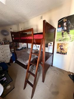 Solid wood loft bed with built in desk and couch