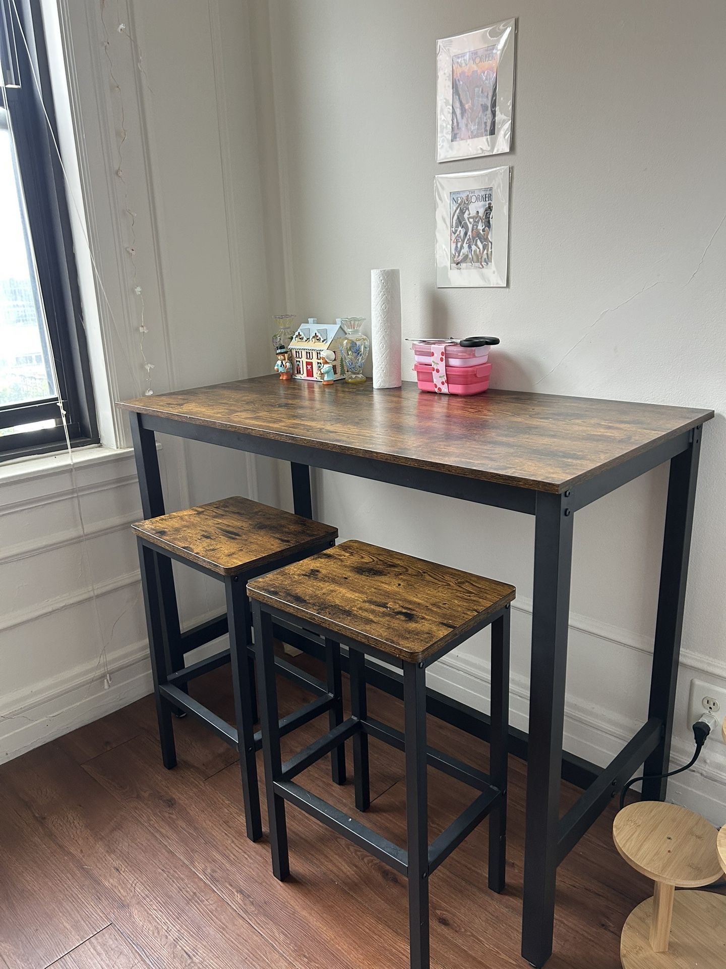 Wood Bar Table Set with Two Barstool Chairs
