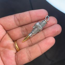 Handmade 925 Silver Wolf Bullet Pendant • 2.5 Inch • Gold Spike Tip