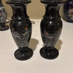 Set Of 2 Vintage Black Marble Vases