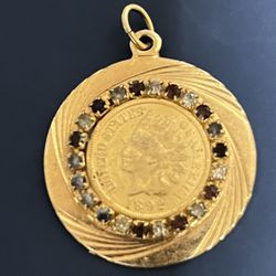 Vintage Gold Plated Indian Head Cent Coin Pendant In Bezel With Crystal Surrounding 