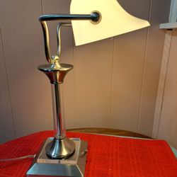 Chrome & Glass Bankers Lamp w Milk Glass Shade and Dimmer
