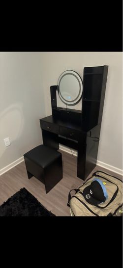 Black Vanity Desk with LED Mirror and Stool