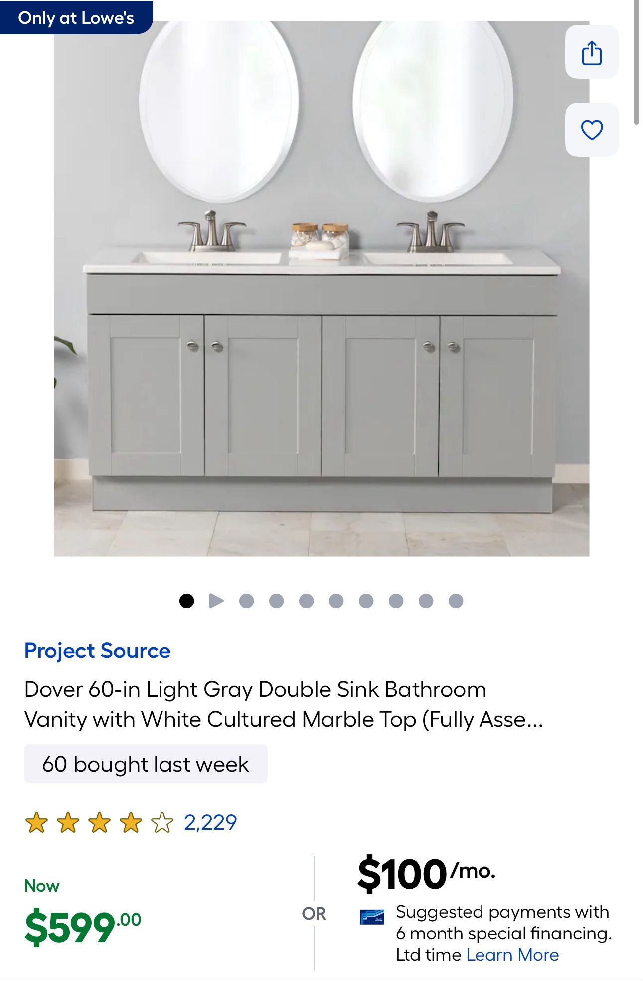 PROJECT SOURCE Dover 60-in Light Gray Double Sink Bathroom Vanity with White Cultured Marble Top (Fully Assembled)
