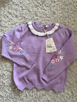 Girls Lavender Floral Embroidered Knit Sweater