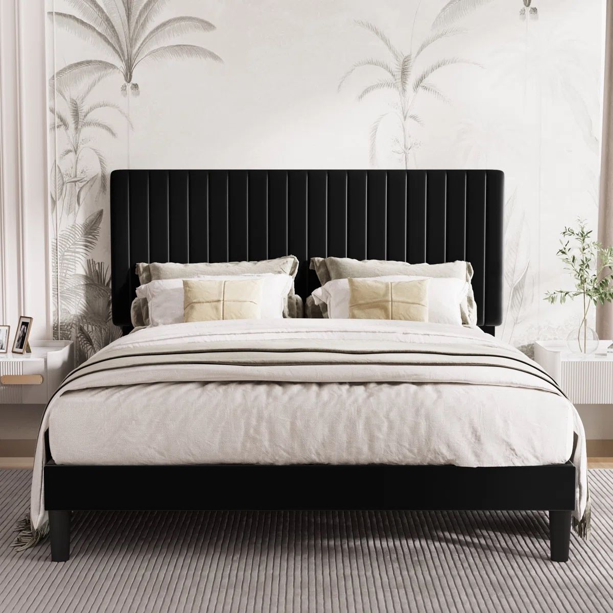 Queen Upholstered Platform Bed With Adjustable Headboard