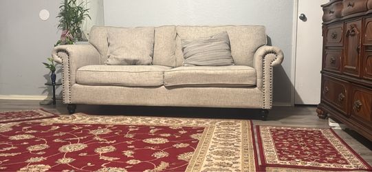 Beige Fabric Sofa with Nailhead Trim