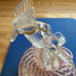 Vintage Clear Pink Art Glass Perfume Bottle with Hummingbird Stopper 