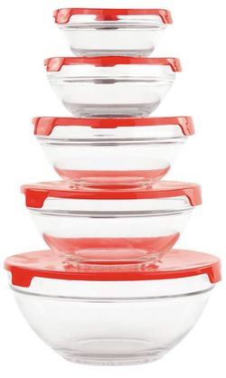 Glass bowl set with red lids