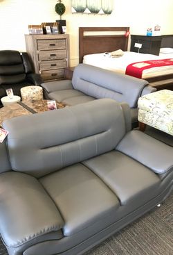 2 pc Leather Living Room Set, Sofa and Loveseat, Gray