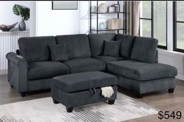 Corduroy sectional sofa with ottoman