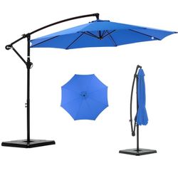 New-10ft Offset Hanging Outdoor Patio Umbrella with Base Stand Rotate and Tilt, 8 Ribs, UV Protection for Pool Garden Backyard Market, Blue