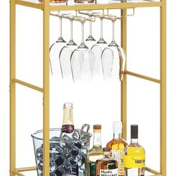 Gold Bar Cart with Lockable Wheels, 2 Glass Shelves, Glass Holder, NIB